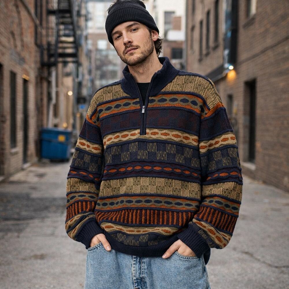 F/X Fusion Mens XL Knit Sweater 1/4 Zip Patterned Vintage Grandpa Style Outdoor
